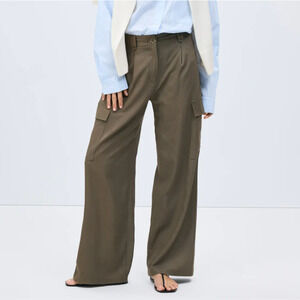 Ellen Tracy Olive Green Cargo Pant LARGE Wide Leg Linen Comfy Business Casual